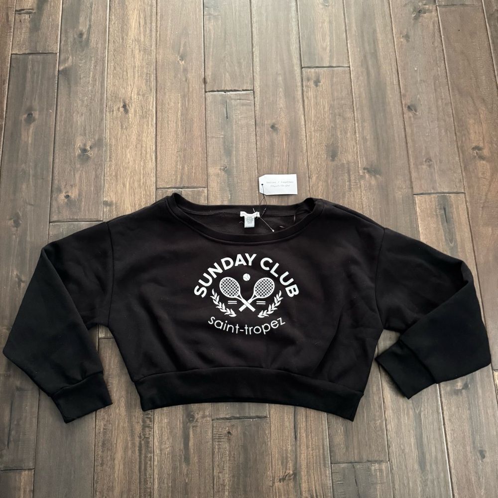 Better Together Black Sunday Club Off the Shoulder Cropped Sweatshirt L NWT